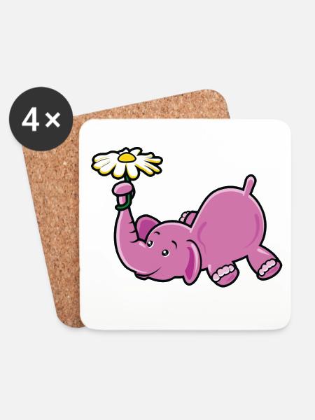 Pink Elephant with Daisy - Coasters (set of 4) - white
