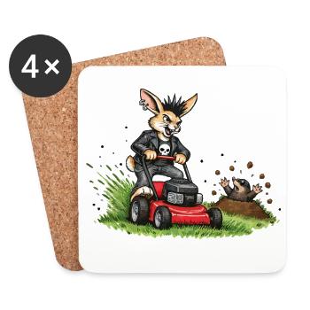Hase auf Rasenmäher – witziges Waldduo - Untersetzer (4er-Set) - Weiß - Vorne