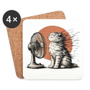Katze vor dem Ventilator – Lustiges Sommermotiv - Untersetzer (4er-Set) - Weiß - Vorne