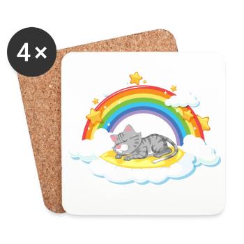 Chat Rêveur sur un Nuage Arc-en-ciel - Dessous de verre (lot de 4) - blanc - Devant