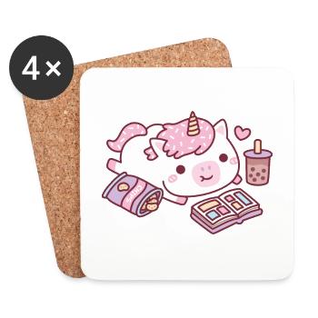 Licorne mignonne avec des chips de manga et Boba Te - Dessous de verre (lot de 4) - blanc - Devant