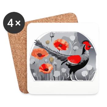 Fasanen- und Mohnblumen-Illustration - Untersetzer (4er-Set) - Weiß - Vorne