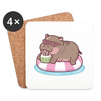 Hippopotame mignon se relaxant sur la piscine flotteur buvant de la noix de - Dessous de verre (lot de 4) - blanc - Devant