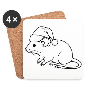 Lustige Ratte mit Weihnachtsmütze – Line Art - Untersetzer (4er-Set) - Weiß - Vorne
