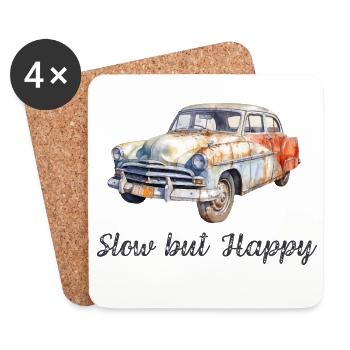 Langsames, aber glückliches Vintage-Retro-Aquarellauto - Untersetzer (4er-Set) - Weiß - Vorne