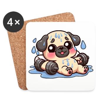 Cute Pug Cartoon Dumbbell Weightlifting - Coasters (set of 4) - white - Front