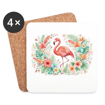 Flamant rose dans une couronne de fleurs tropicales - Dessous de verre (lot de 4) - blanc - Devant