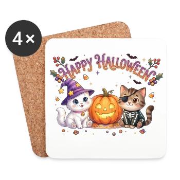 Happy Halloween mit Katzen & Kürbis - Untersetzer (4er-Set) - Weiß - Vorne