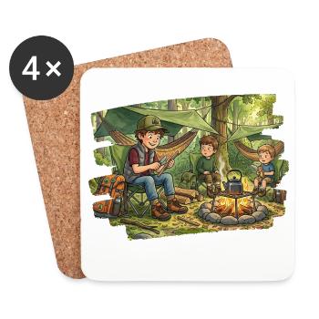 Papa mit 2 Söhnen am Lagerfeuer - Untersetzer (4er-Set) - Weiß - Vorne