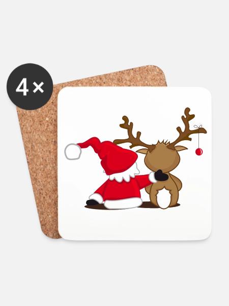 Santa Claus und Rentier - Untersetzer (4er-Set) - Weiß