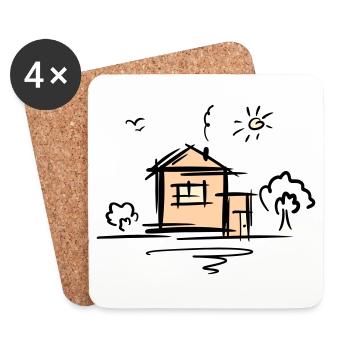 House with trees and sun. Drawing. Scribble. - Coasters (set of 4) - white - Front