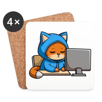 Cute hacker cat sleeps in a hoodie in front of the PC - Coasters (set of 4) - white - Front