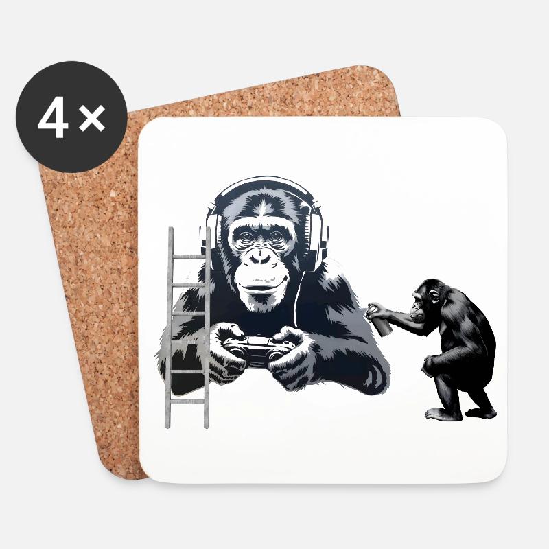 GRAFFITI BANKSY STYLE - CHIMP PLAYING COMPUTER GAM - Coasters (set of 4) - white