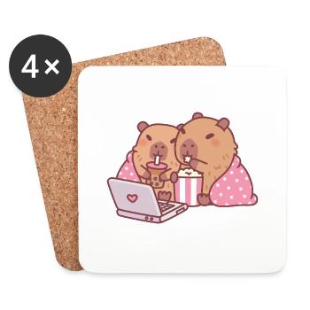 De mignons capybaras se relaxant avec du pop-corn et du thé boba - Dessous de verre (lot de 4) - blanc - Devant