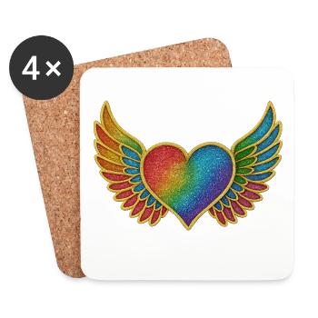 Regenbogenherz mit Engelsflügel-Stickerei - Untersetzer (4er-Set) - Weiß - Vorne