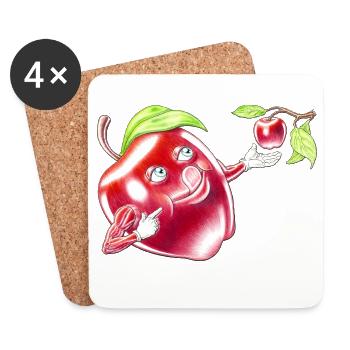 Funny Eat A Red Apple Fruit Cartoon Character - Coasters (set of 4) - white - Front