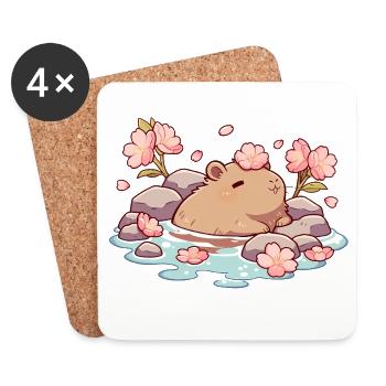 Cute Capybara Onsen – Cherry Blossom Kawaii Design - Coasters (set of 4) - white - Front
