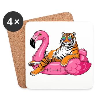 Cool Tiger auf Flamingo-Boje – Sommer-Rig-Design - Untersetzer (4er-Set) - Weiß - Vorne