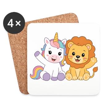Kawaii Einhorn Und Löwe Winkende Freunde Shirt - Untersetzer (4er-Set) - Weiß - Vorne