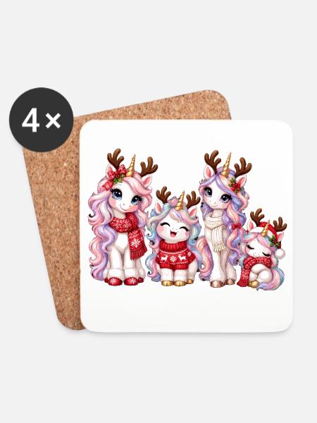 Weihnachts-Einhörner mit Rentiergeweih - Untersetzer (4er-Set) - Weiß