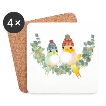 Deux oiseaux colorés avec un chapeau à pompon pour Noël - Dessous de verre (lot de 4) - blanc - Devant
