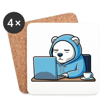 Cute hacker polar bear sleeps in a hoodie in front of the PC - Coasters (set of 4) - white - Front