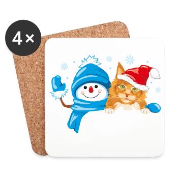 Spickender winkender Schneemann und süße rote Katze - Untersetzer (4er-Set) - Weiß - Vorne