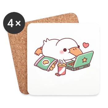 Un canard mignon qui se détend avec un ordinateur portable et des chips - Dessous de verre (lot de 4) - blanc - Devant