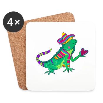 Iguane aimant avec sombrero et cœur - Dessous de verre (lot de 4) - blanc - Devant