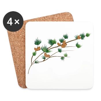 filigree drawn larch branch with cones - Coasters (set of 4) - white - Front