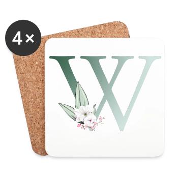 W Monogramme, Floral, Personnalisable - Dessous de verre (lot de 4) - blanc - Devant