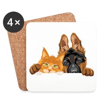 Cute German Shepherd puppy dog and Maine Coon cat - Coasters (set of 4) - white - Front