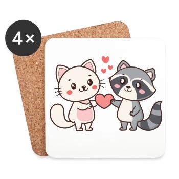 Katzen-Waschbär-Duo kuscheln und lieben - Untersetzer (4er-Set) - Weiß - Vorne