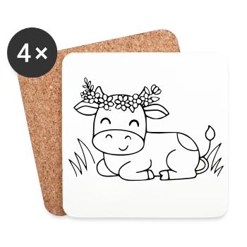 Silhouette de couronne florale de vache Bohème mignonne - Dessous de verre (lot de 4) - blanc - Devant