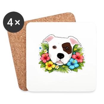 Pitbull American Staffordshire Terrier avec des fleurs - Dessous de verre (lot de 4) - blanc - Devant