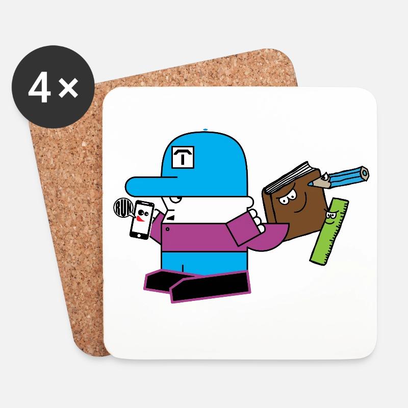 Blaues Maskottchen mit Schreibwaren-Sidekick - Untersetzer (4er-Set) - Weiß