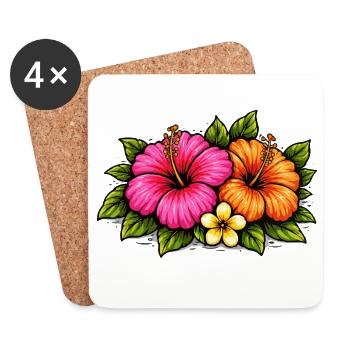 Tropical Hibiscus Flowers - Coasters (set of 4) - white - Front