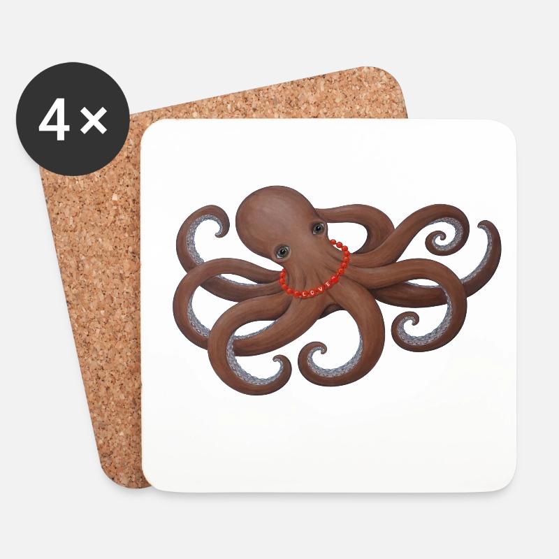 Oktopus mit roter Liebesperle - Untersetzer (4er-Set) - Weiß