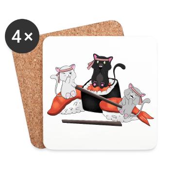 Chats kawaïens mangeant des sushis - Anime japonais mignon - Dessous de verre (lot de 4) - blanc - Devant