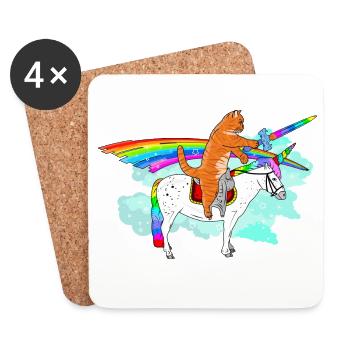 Rainbow Ride : Chat sur un cheval licorne - Dessous de verre (lot de 4) - blanc - Devant
