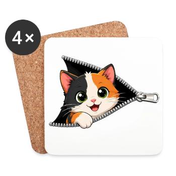 Chat chaton mignon à fermeture éclair - Dessous de verre (lot de 4) - blanc - Devant