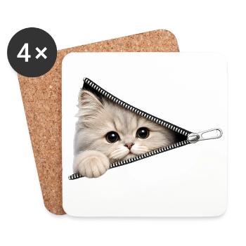 Cute Kitten Zipper Cat - Coasters (set of 4) - white - Front