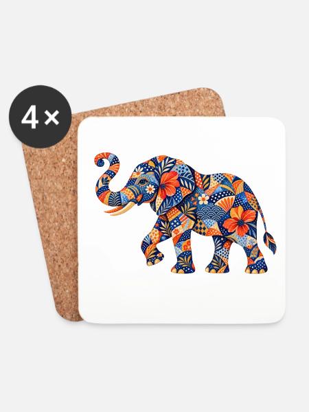 Patchwork-Elefant Blumenmuster - Untersetzer (4er-Set) - Weiß
