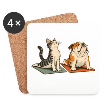 Bulldogge und Katze beim Yoga – Tierisches Duo - Untersetzer (4er-Set) - Weiß - Vorne