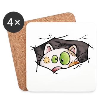 Katze guckt aus dem Loch - Katzen - Comic - Untersetzer (4er-Set) - Weiß - Vorne