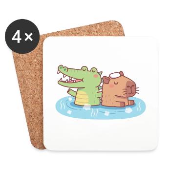 Mignon Capybara et crocodile se refroidissant dans une source chaude - Dessous de verre (lot de 4) - blanc - Devant