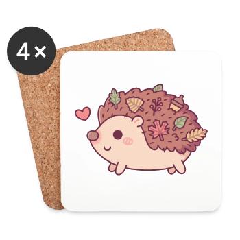 Cute Little Hedgehog With Autumn Leaves And Acorn - Coasters (set of 4) - white - Front