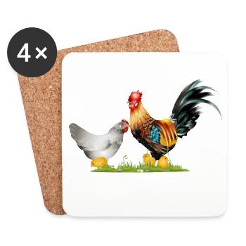 Coq majestueux avec progéniture de poule et de poussin - Dessous de verre (lot de 4) - blanc - Devant