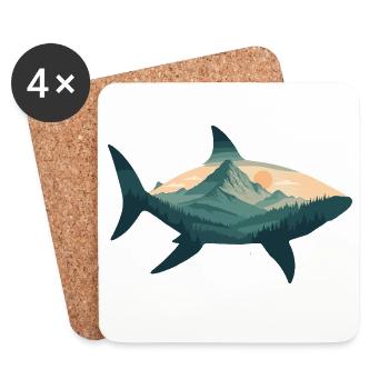 Montagne, requin, poisson, paysage, silhouette, soleil, nature - Dessous de verre (lot de 4) - blanc - Devant