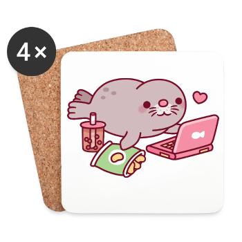 Süßer Chonky Seal entspannt mit Laptop und Boba-Tee - Untersetzer (4er-Set) - Weiß - Vorne